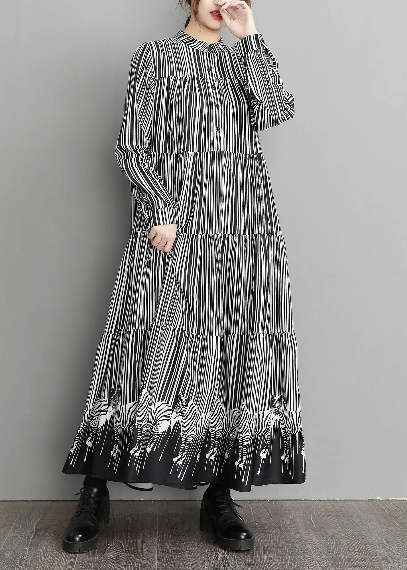 Casual Black Peter Pan Collar Striped Patchwork Dress Spring - Image 4
