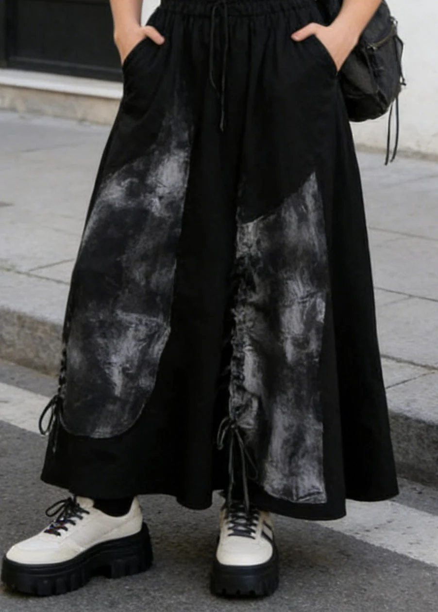 Casual Black Pockets Print Drawstring Cotton Skirt Summer - Image 4