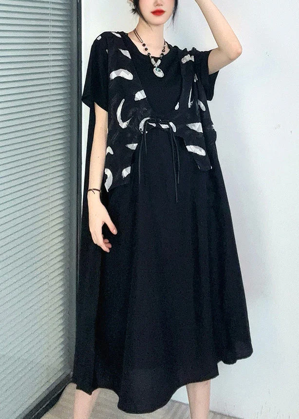 Casual Black Print Button Fake Two Pieces Long Dress Short Sleeve - Image 2