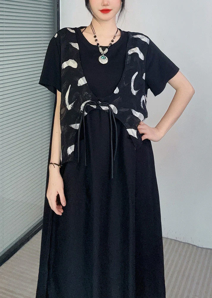 Casual Black Print Button Fake Two Pieces Long Dress Short Sleeve - Image 3