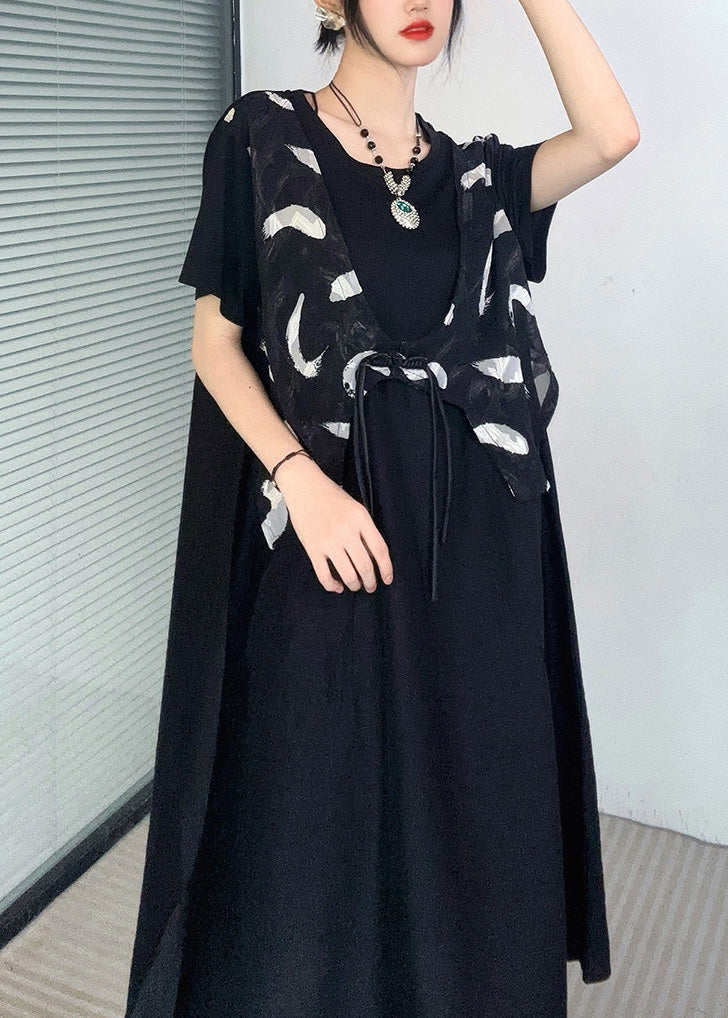 Casual Black Print Button Fake Two Pieces Long Dress Short Sleeve - Image 4