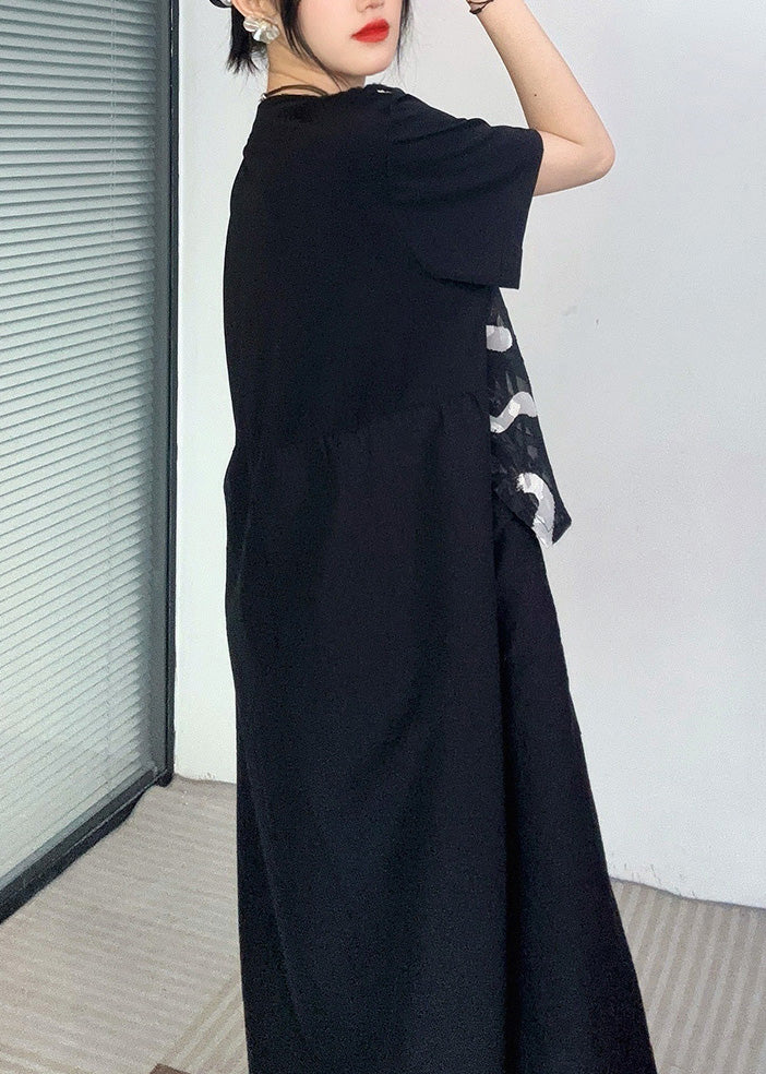 Casual Black Print Button Fake Two Pieces Long Dress Short Sleeve - Image 5