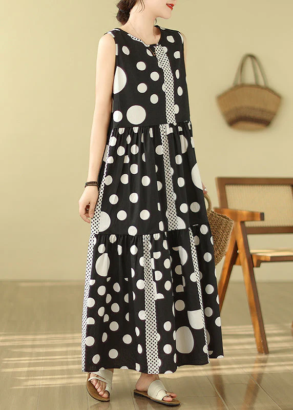 Casual Black Print Exra Large Hem Cotton Long Dress Sleeveless - Image 3