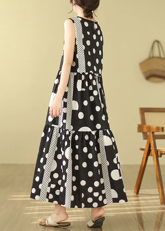 Casual Black Print Exra Large Hem Cotton Long Dress Sleeveless - Image 4