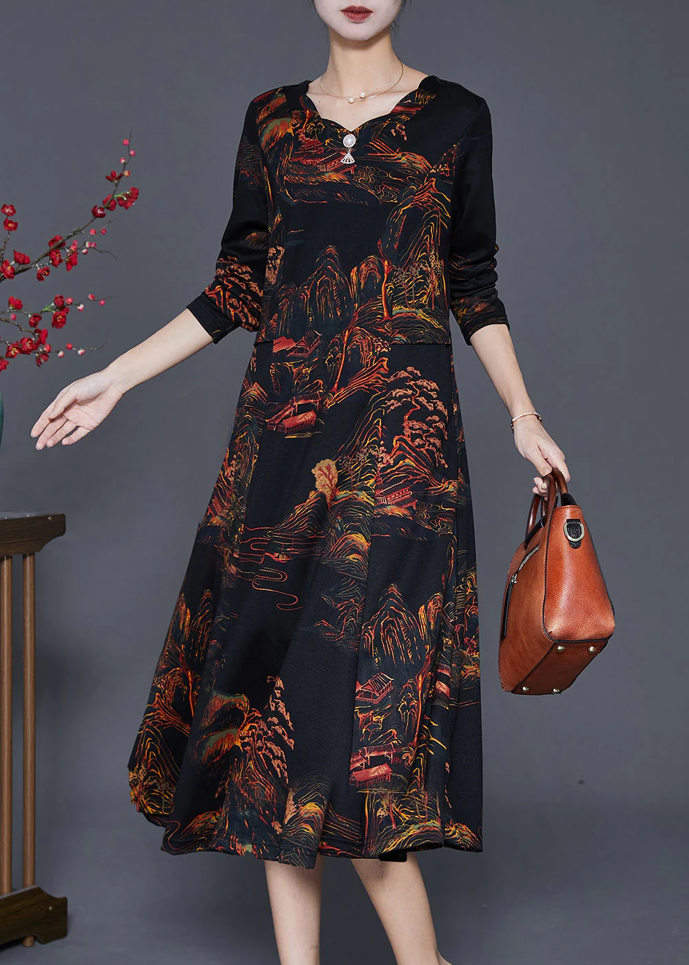 Casual Black Print Exra Large Hem Cotton Maxi Dress Fall - Image 2