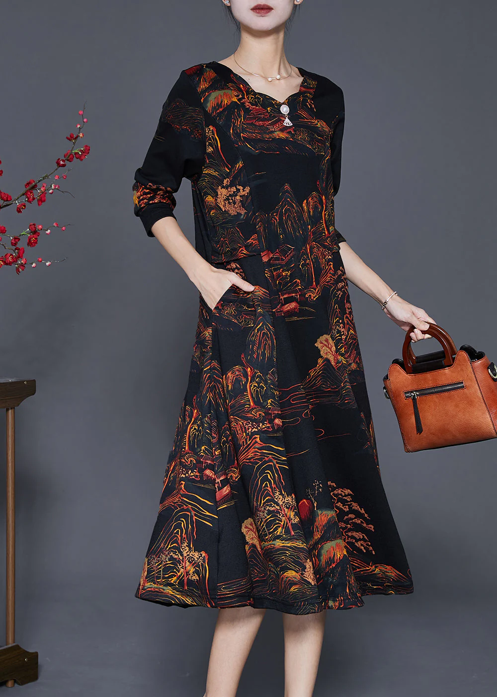 Casual Black Print Exra Large Hem Cotton Maxi Dress Fall - Image 3