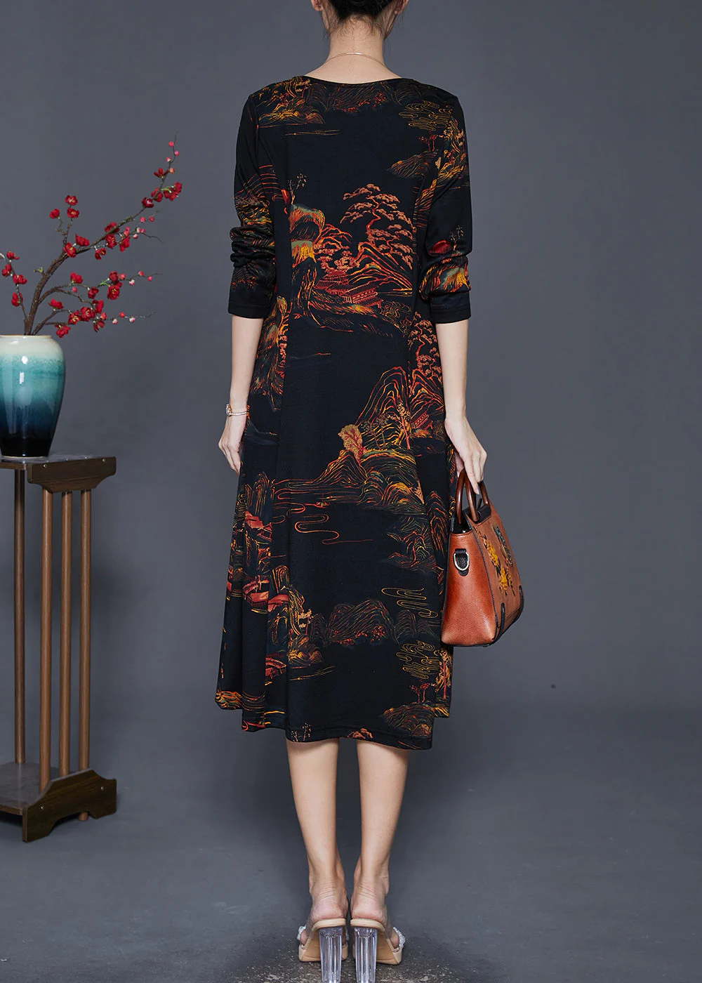 Casual Black Print Exra Large Hem Cotton Maxi Dress Fall - Image 4