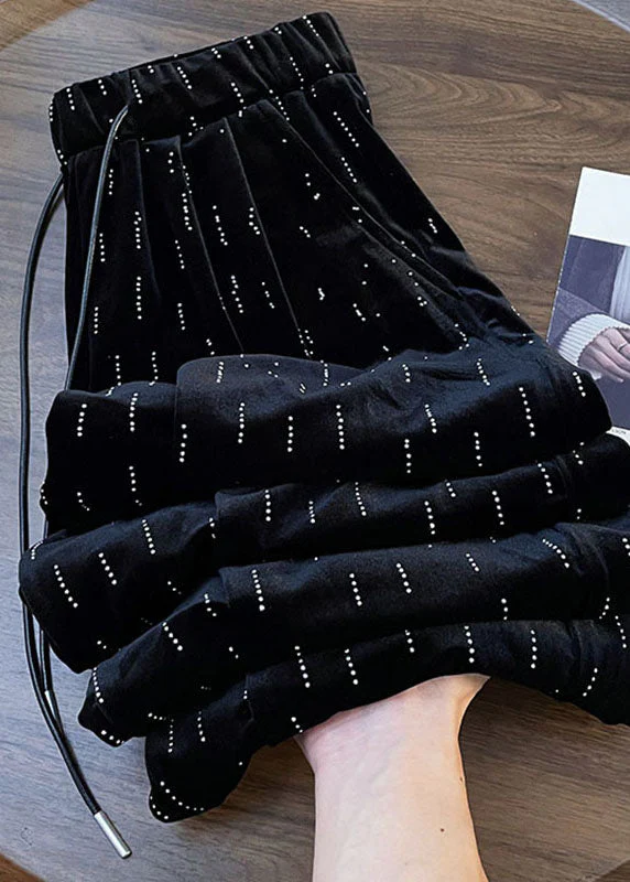 Casual Black Print Wrinkled Elastic Waist Wide Leg Pants Fall
