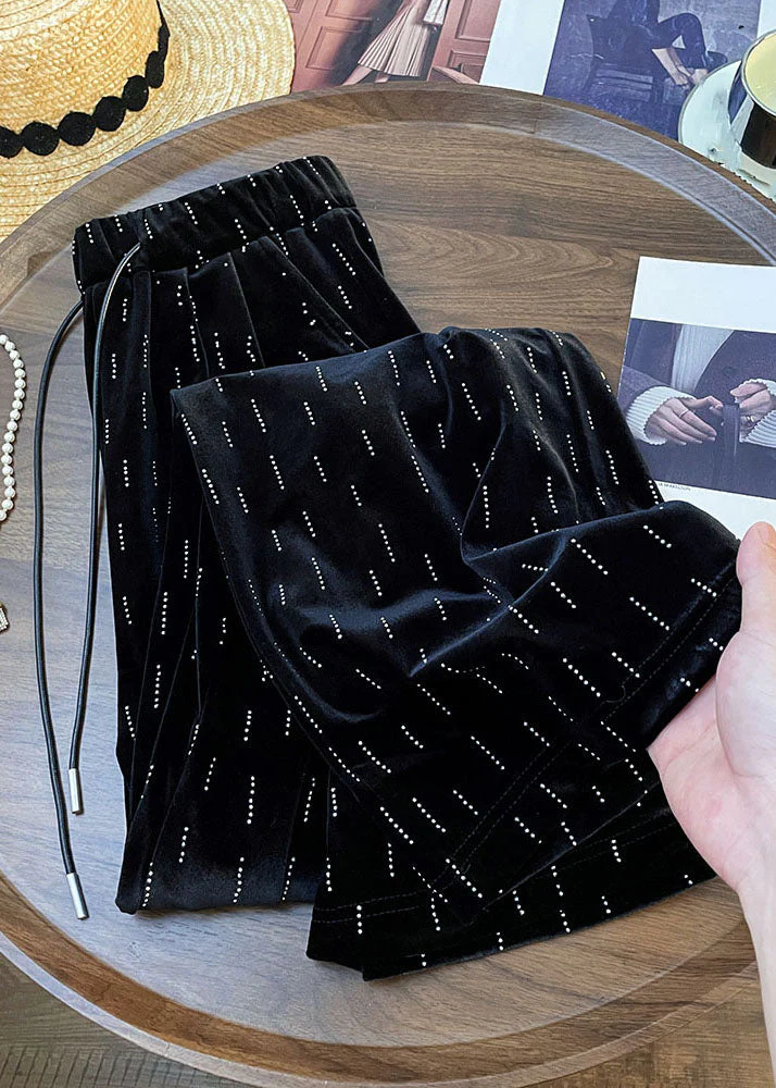 Casual Black Print Wrinkled Elastic Waist Wide Leg Pants Fall - Image 3