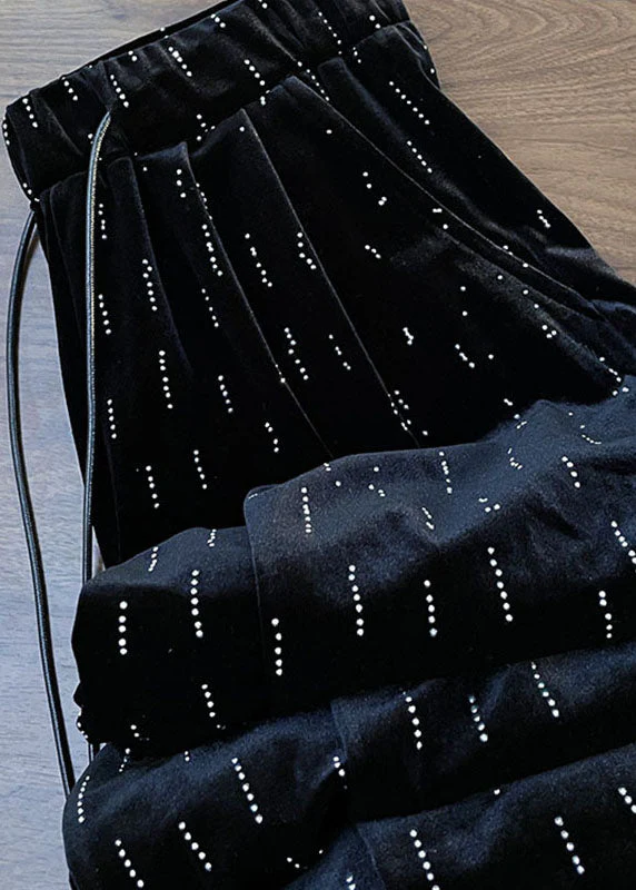 Casual Black Print Wrinkled Elastic Waist Wide Leg Pants Fall - Image 4