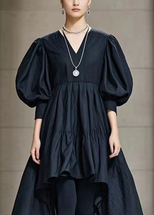 Casual Black Puff Sleeve Low High Design Cotton Maxi Dress - Image 2
