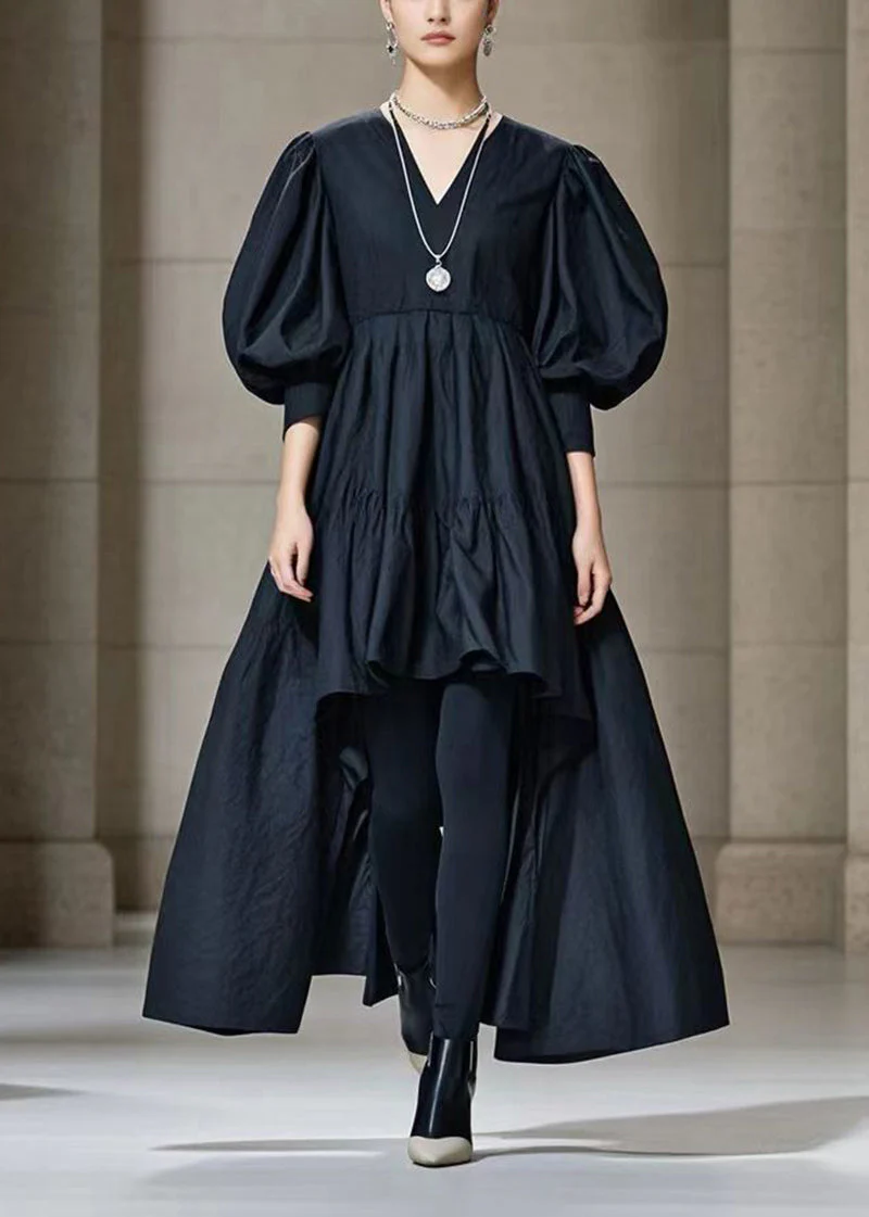 Casual Black Puff Sleeve Low High Design Cotton Maxi Dress - Image 3