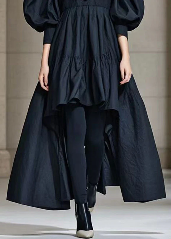 Casual Black Puff Sleeve Low High Design Cotton Maxi Dress - Image 4