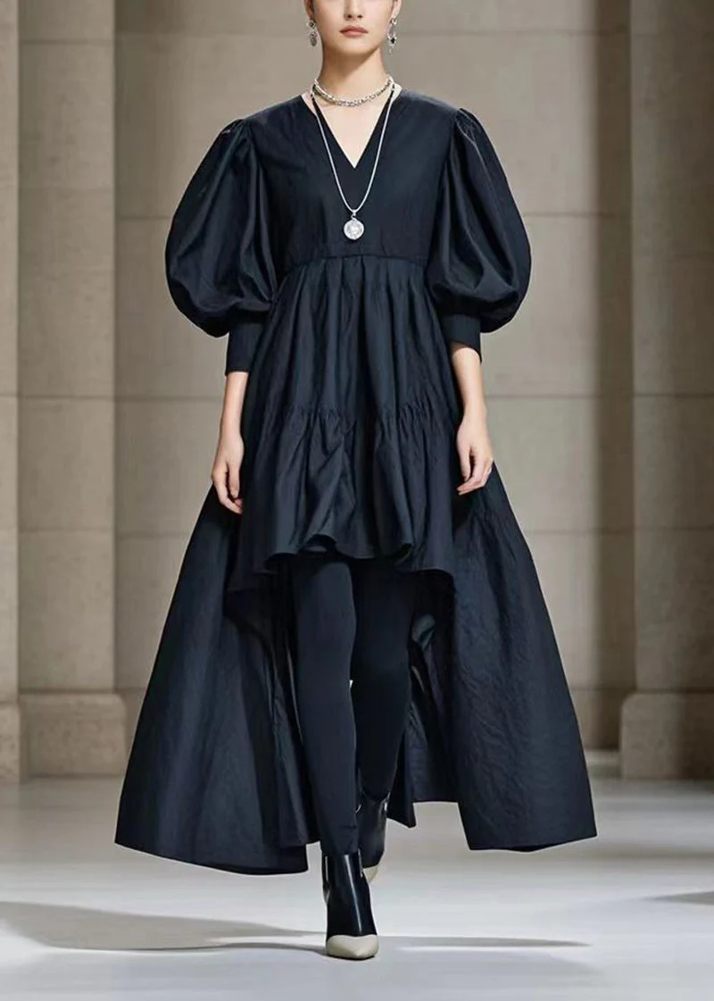 Casual Black Puff Sleeve Low High Design Cotton Maxi Dress - Image 5