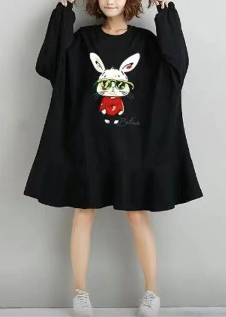 Casual Black Ruffled Print Patchwork Cotton Dresses Fall - Image 3