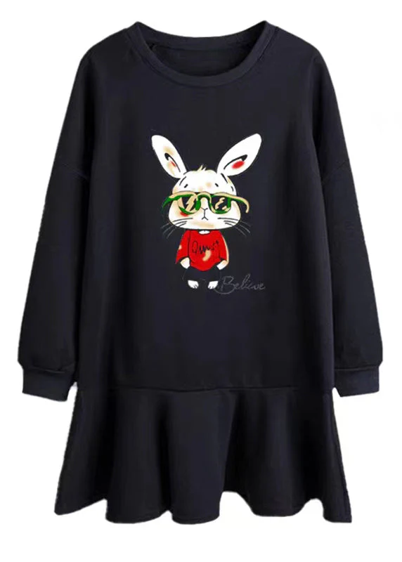 Casual Black Ruffled Print Patchwork Cotton Dresses Fall - Image 5