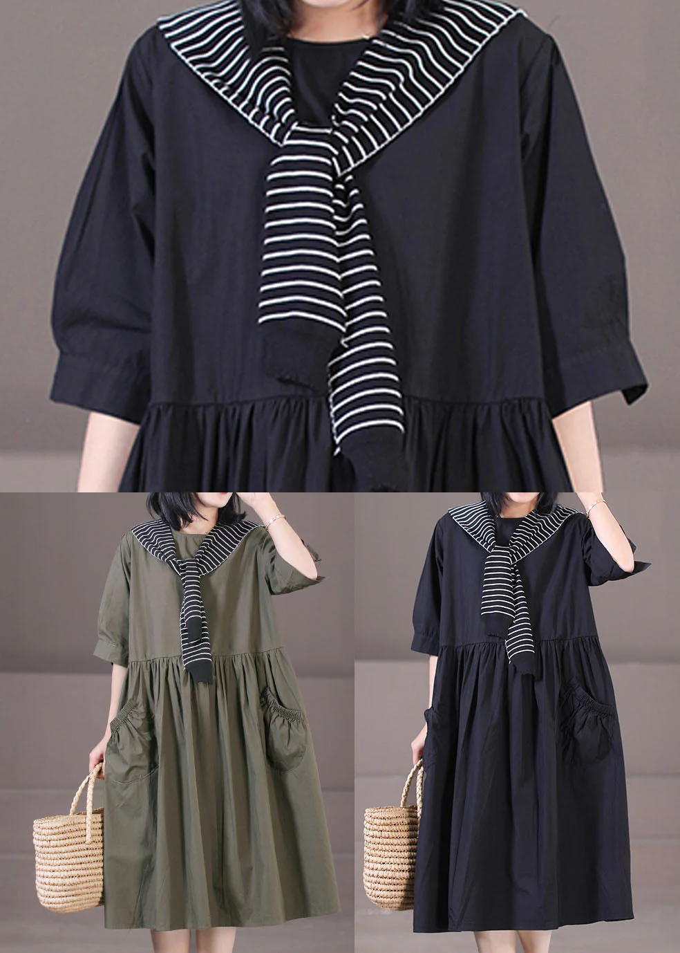 Casual Black Sailor Collar Patchwork Cotton Pleated Dress Half Sleeve - Image 5