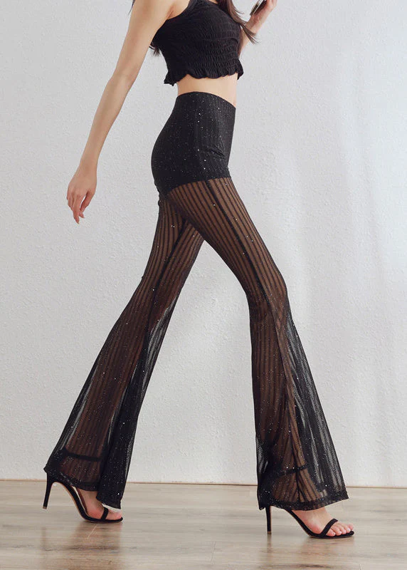 Casual Black Sequins Patchwork Tulle Bell-bottom Trousers Summer - Image 2