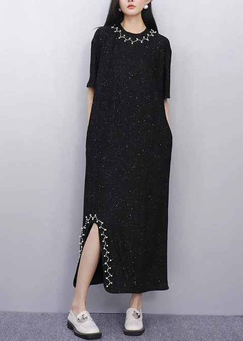 Casual Black Sequins Side Open Cotton Straight Dress Summer - Image 2