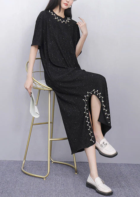 Casual Black Sequins Side Open Cotton Straight Dress Summer - Image 3