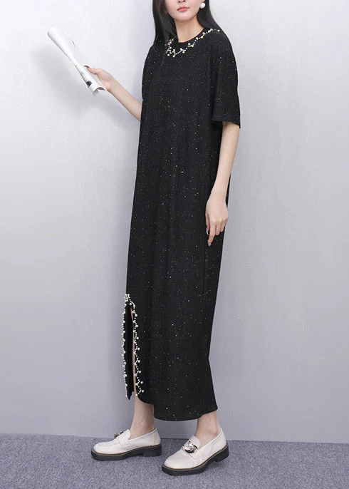 Casual Black Sequins Side Open Cotton Straight Dress Summer - Image 4