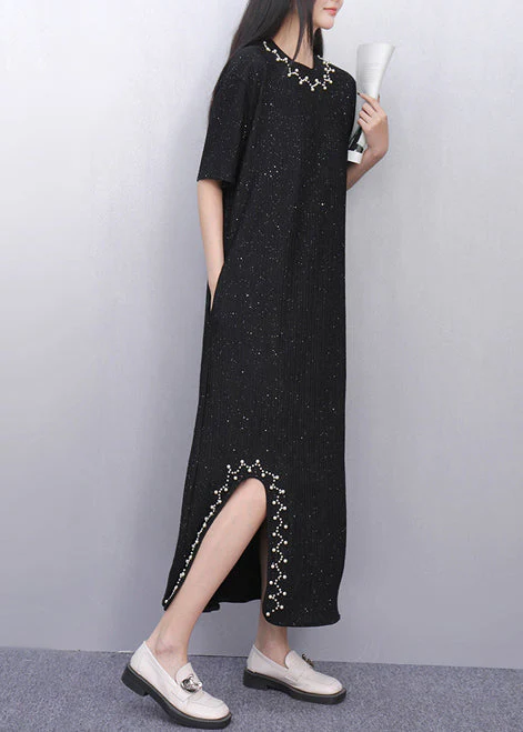Casual Black Sequins Side Open Cotton Straight Dress Summer - Image 5