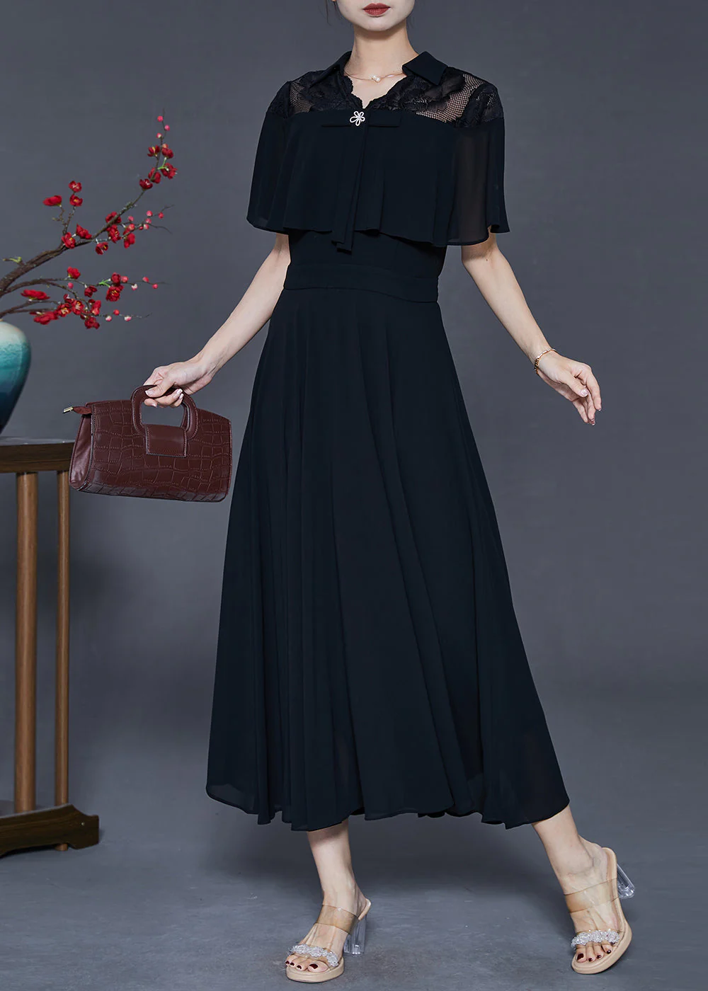 Casual Black Silm Fit Exra Large Hem Chiffon Dress Cloak Sleeves - Image 2
