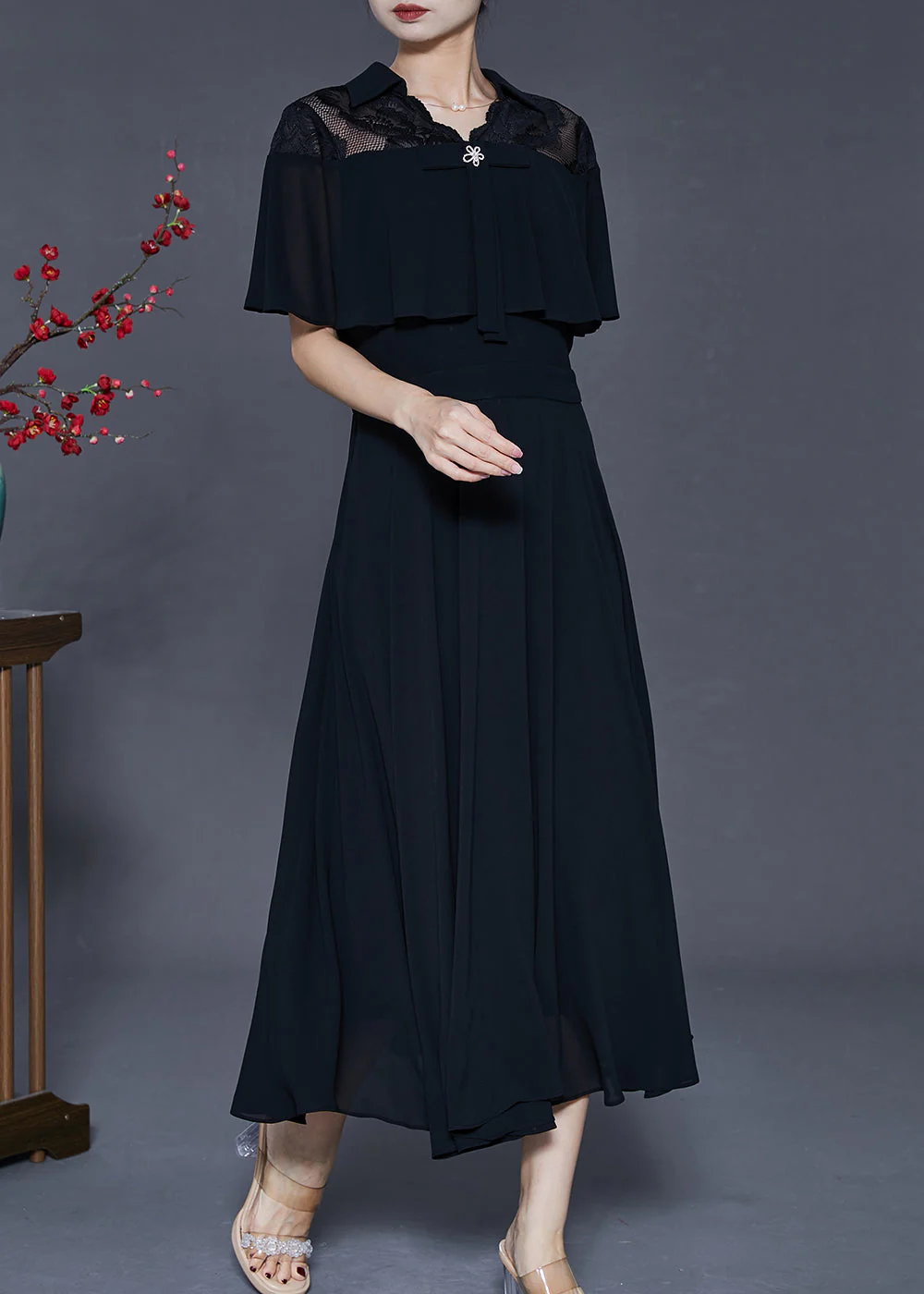 Casual Black Silm Fit Exra Large Hem Chiffon Dress Cloak Sleeves - Image 3