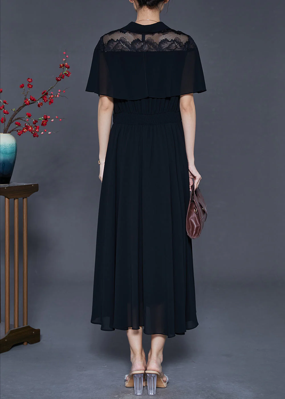 Casual Black Silm Fit Exra Large Hem Chiffon Dress Cloak Sleeves - Image 4