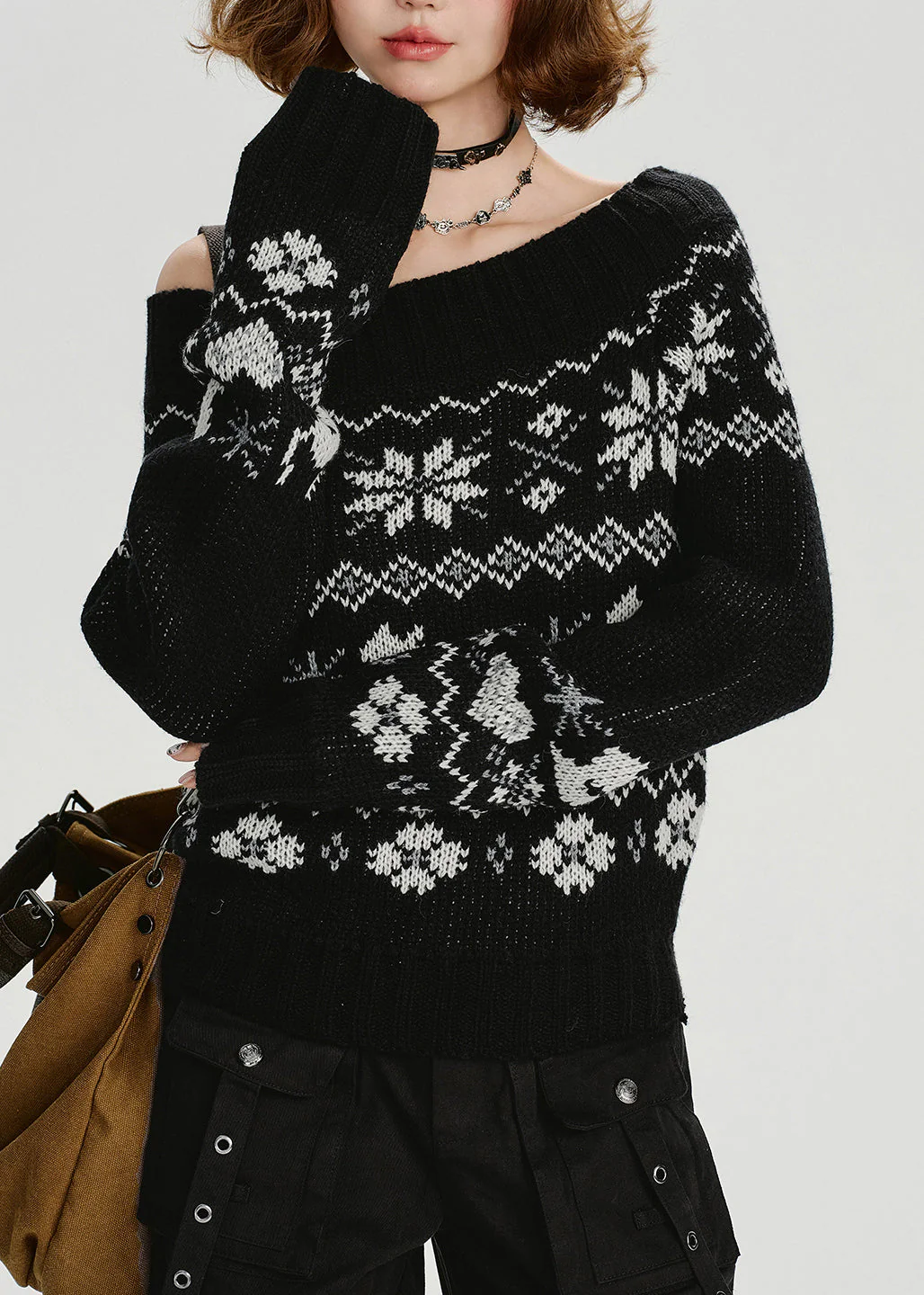 Casual Black Slash Neck Jacquard Knit Sweater Tops Spring - Image 2