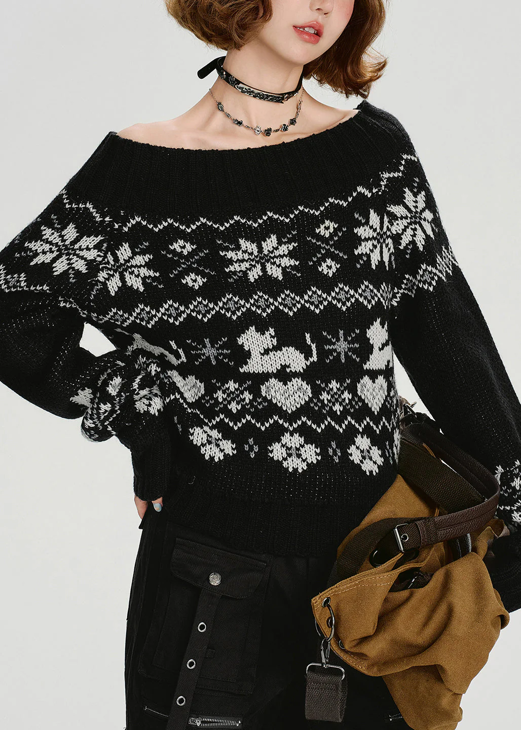 Casual Black Slash Neck Jacquard Knit Sweater Tops Spring - Image 4