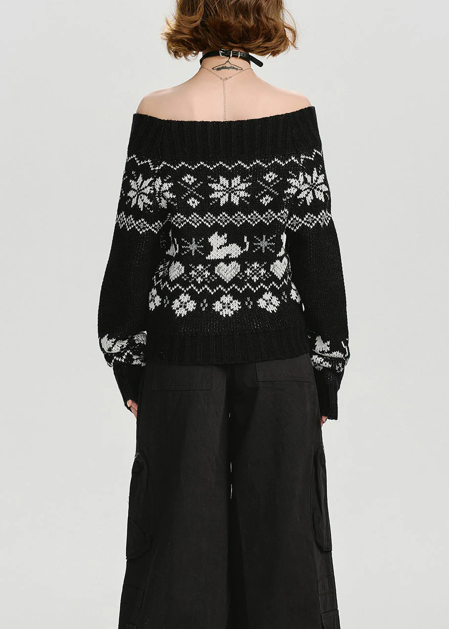 Casual Black Slash Neck Jacquard Knit Sweater Tops Spring - Image 5