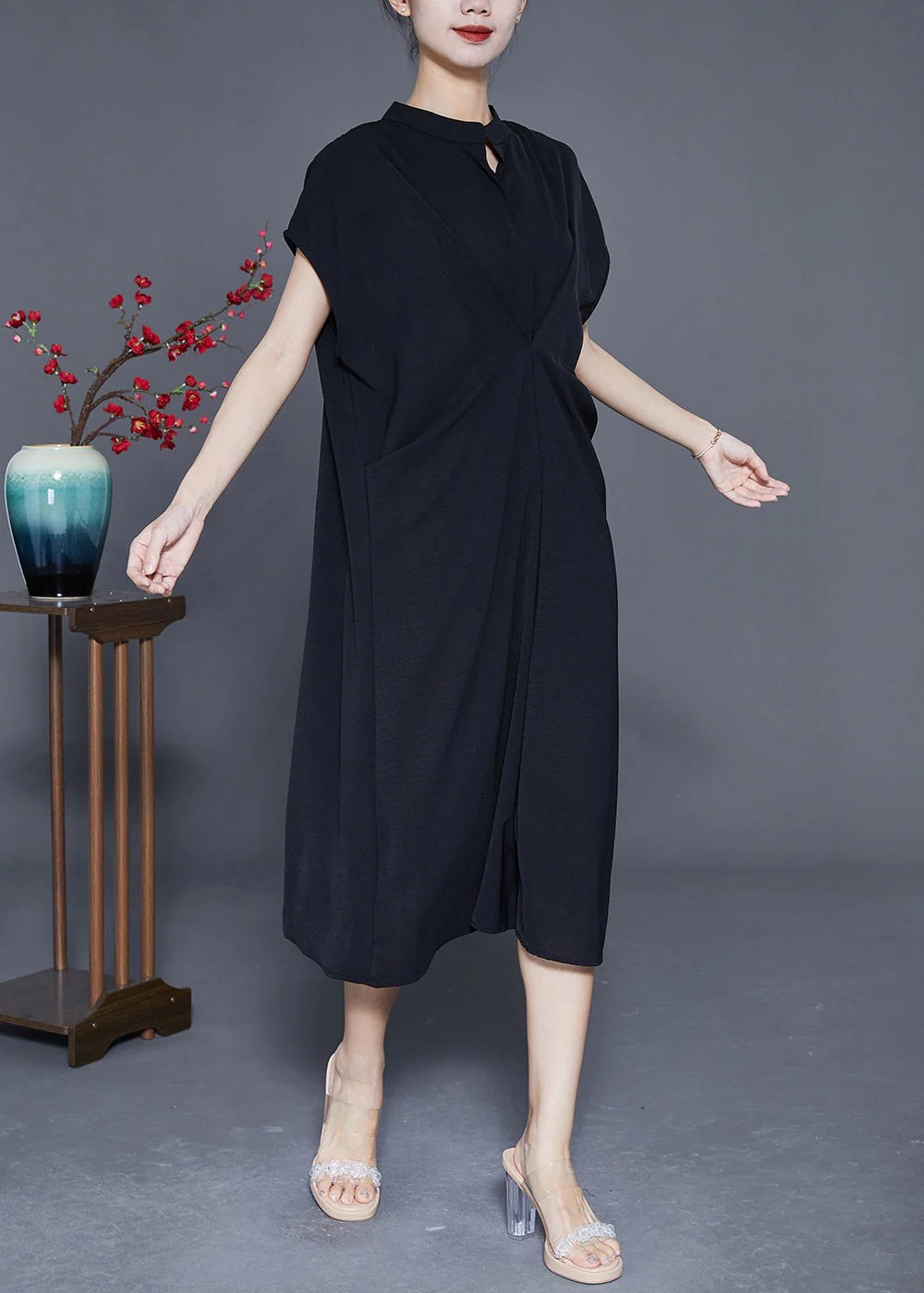 Casual Black Stand Collar Wrinkled Spandex Long Dresses Summer - Image 2