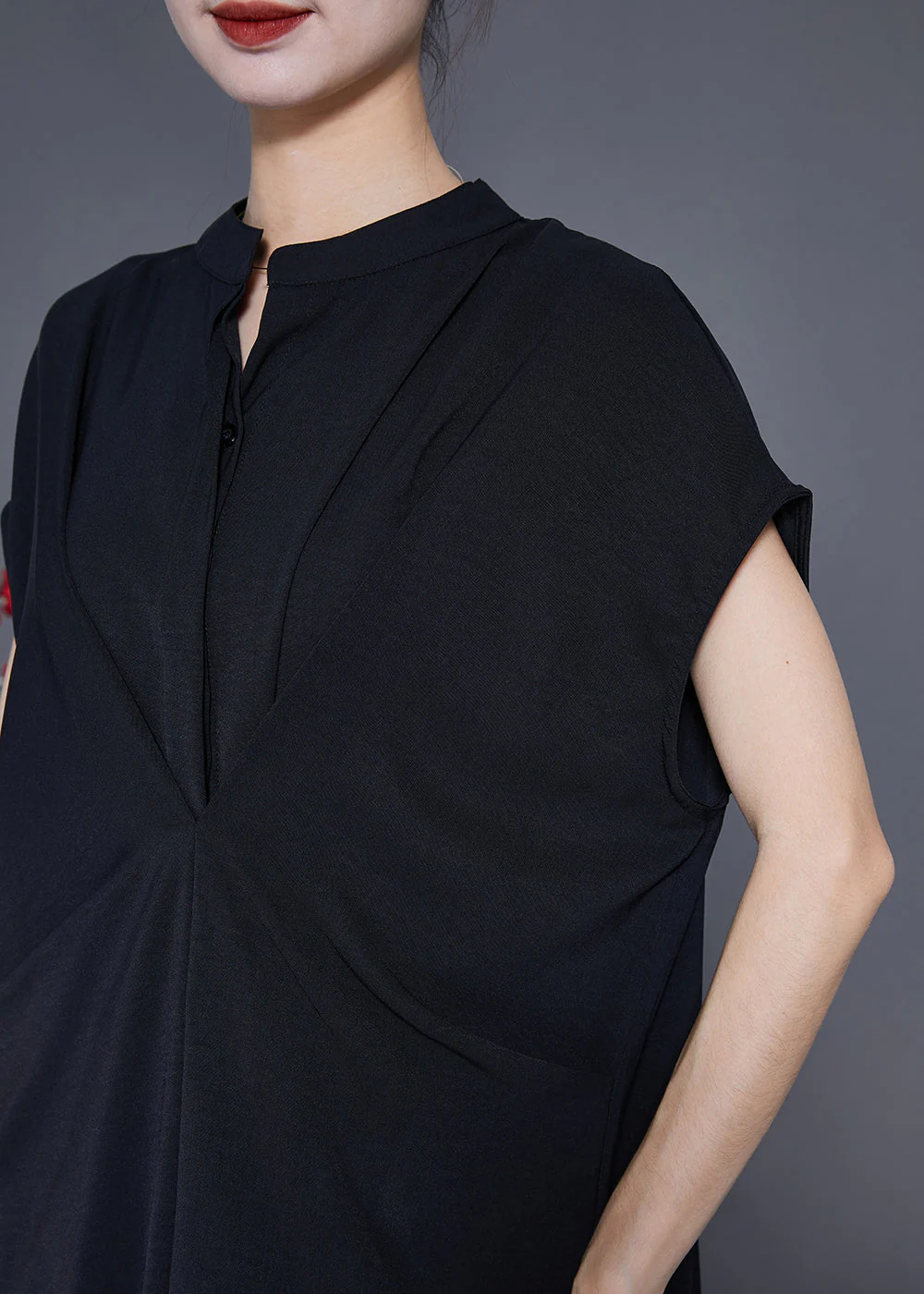 Casual Black Stand Collar Wrinkled Spandex Long Dresses Summer - Image 5