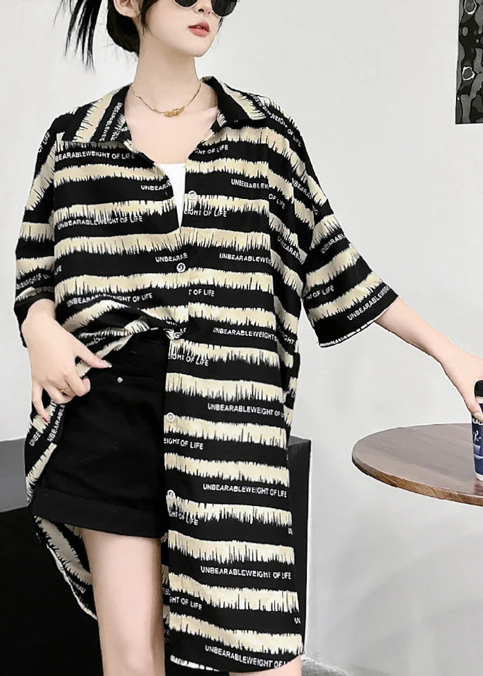 Casual Black Striped Peter Pan Collar Ice Silk Mid Dress Short Sleeve - Image 3