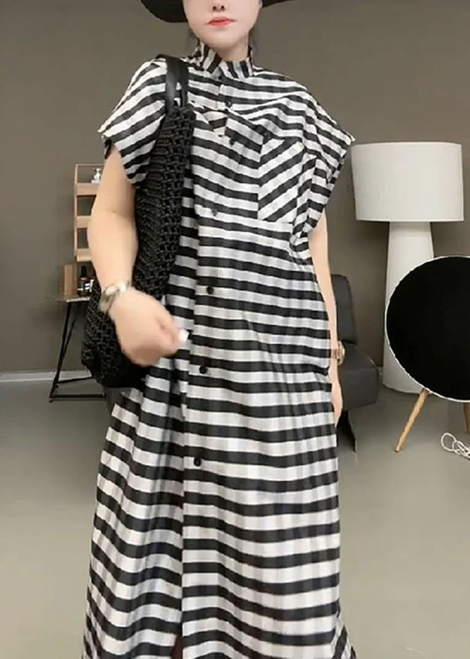 Casual Black Striped Stand Collar Button Maxi Dress Short Sleeve - Image 3