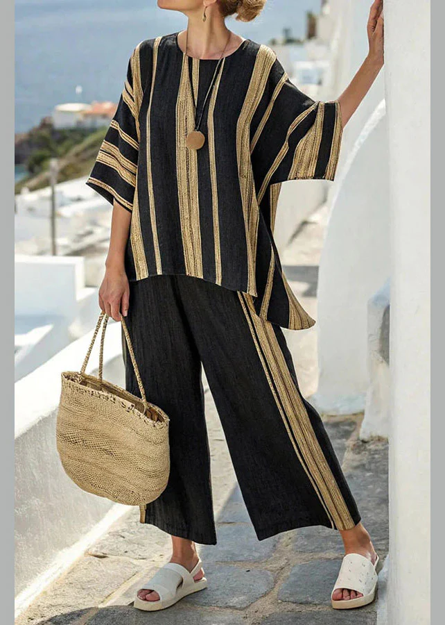 Casual Black Striped T Shirts And Crop Pants Two Pieces Set Summer - Image 2