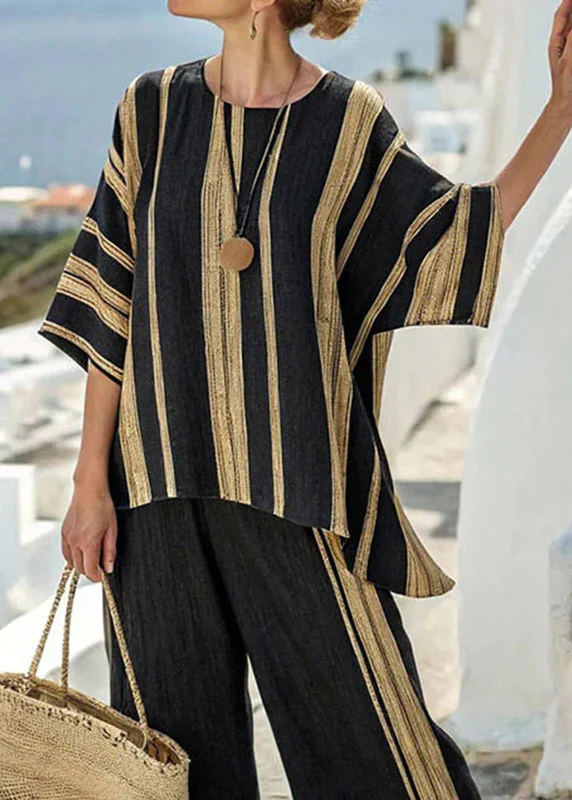 Casual Black Striped T Shirts And Crop Pants Two Pieces Set Summer - Image 5