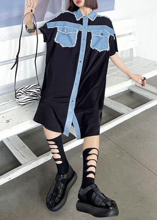 Casual Black Summer Splicingpocke Patchwork Maxi Dresses Short Sleeve Cotton - Image 3