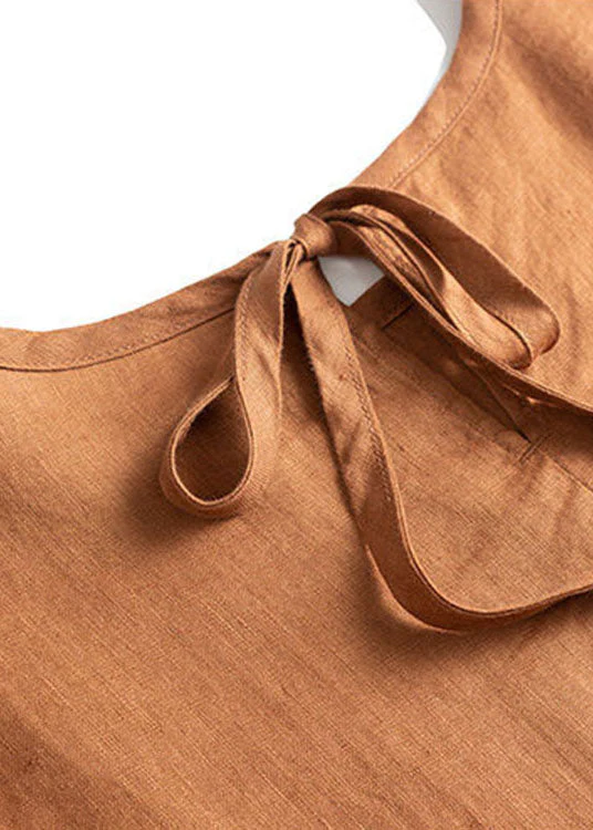 Casual Black tie Patchwork Linen Dresses Short Sleeve - Image 5