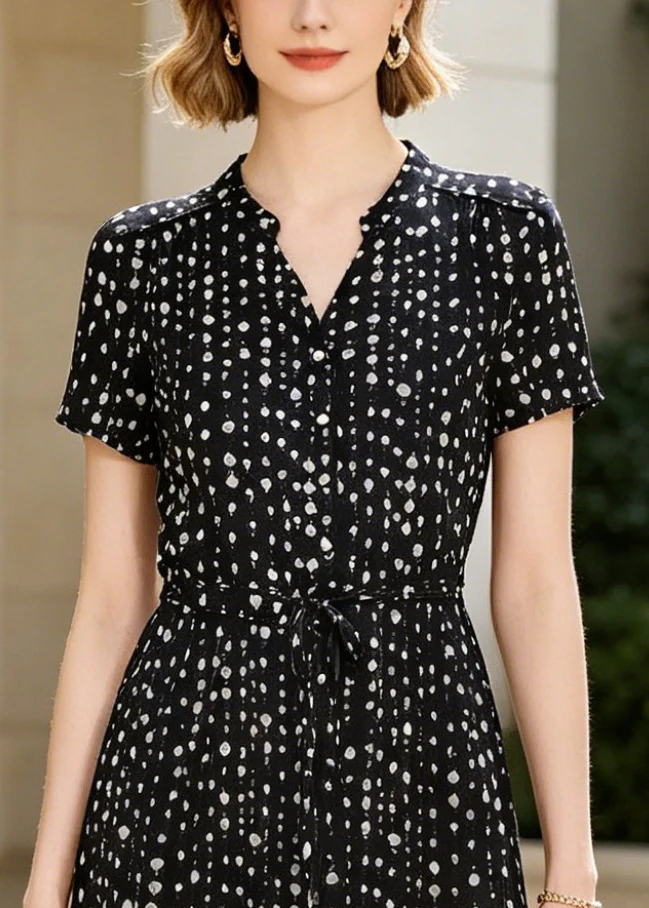 Casual Black Tie Waist Print Silk Day Dress Summer - Image 2