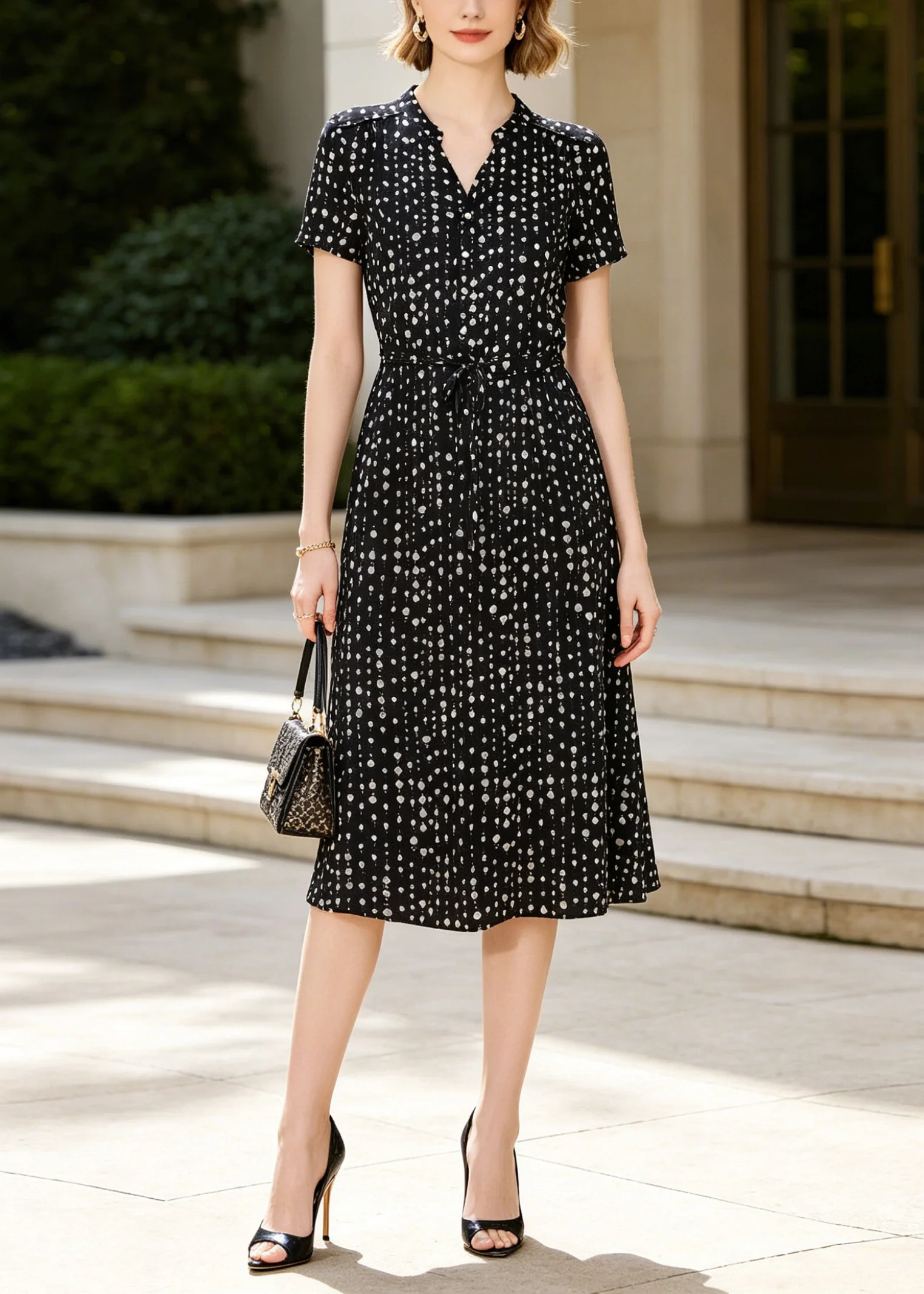 Casual Black Tie Waist Print Silk Day Dress Summer - Image 3