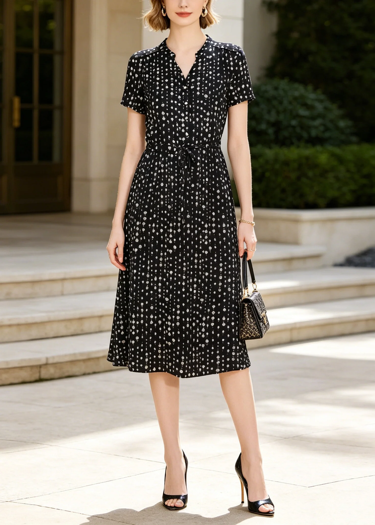 Casual Black Tie Waist Print Silk Day Dress Summer - Image 5