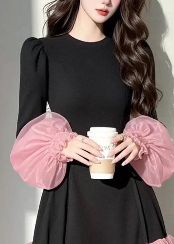 Casual Black Tulle Patchwork Vacation Mid Dresses Puff Sleeve - Image 2