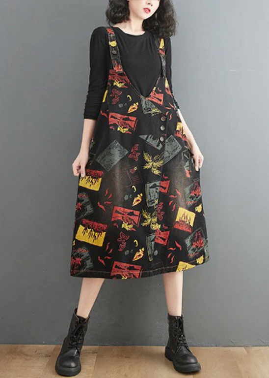 Casual Black V Neck Asymmetrical Button Print Strap Denim Dress Summer - Image 2