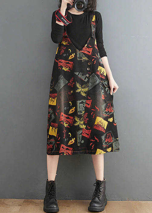 Casual Black V Neck Asymmetrical Button Print Strap Denim Dress Summer - Image 3
