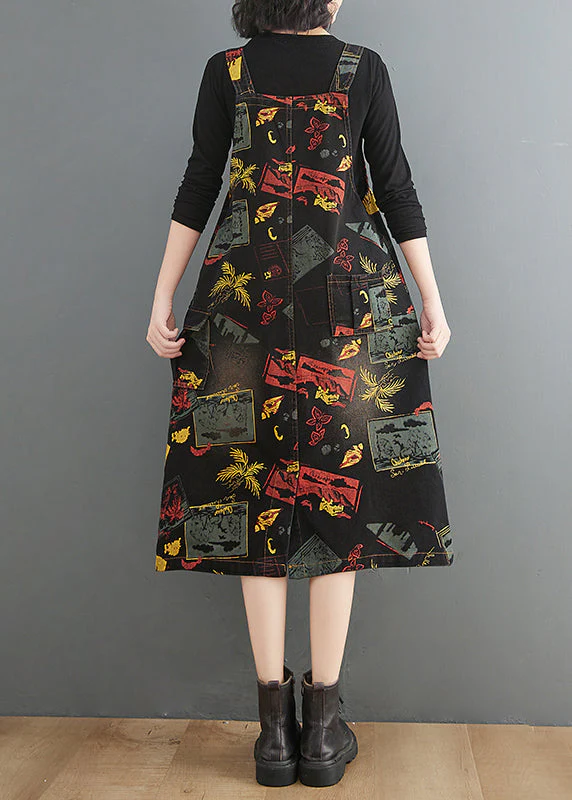 Casual Black V Neck Asymmetrical Button Print Strap Denim Dress Summer - Image 4