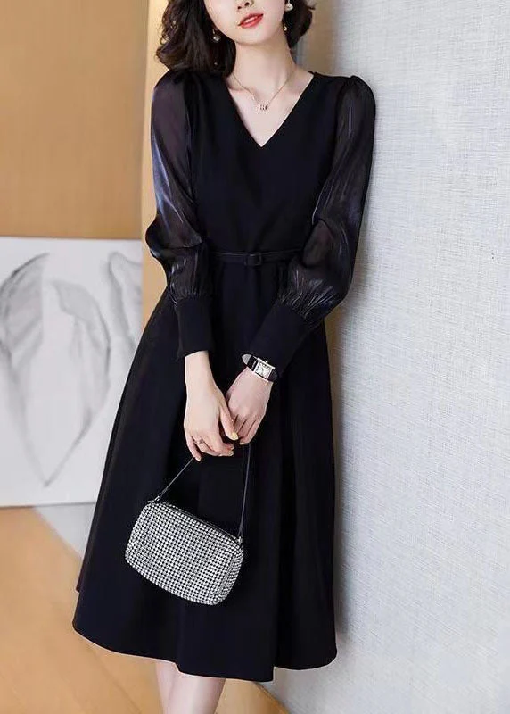 Casual Black V Neck Patchwork Spandex Dress Spring - Image 2