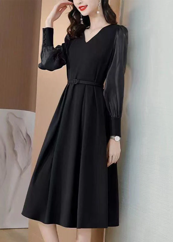 Casual Black V Neck Patchwork Spandex Dress Spring - Image 3