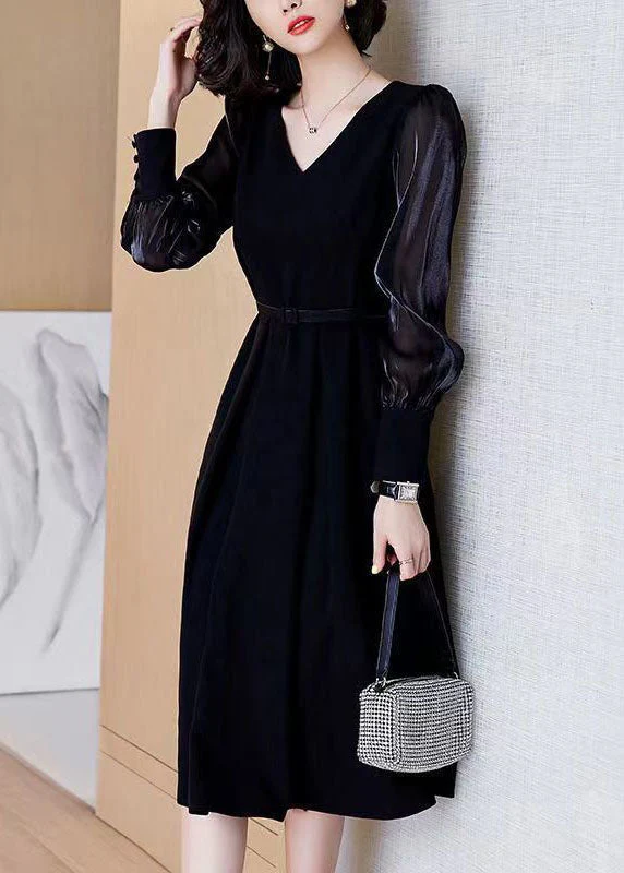 Casual Black V Neck Patchwork Spandex Dress Spring - Image 4